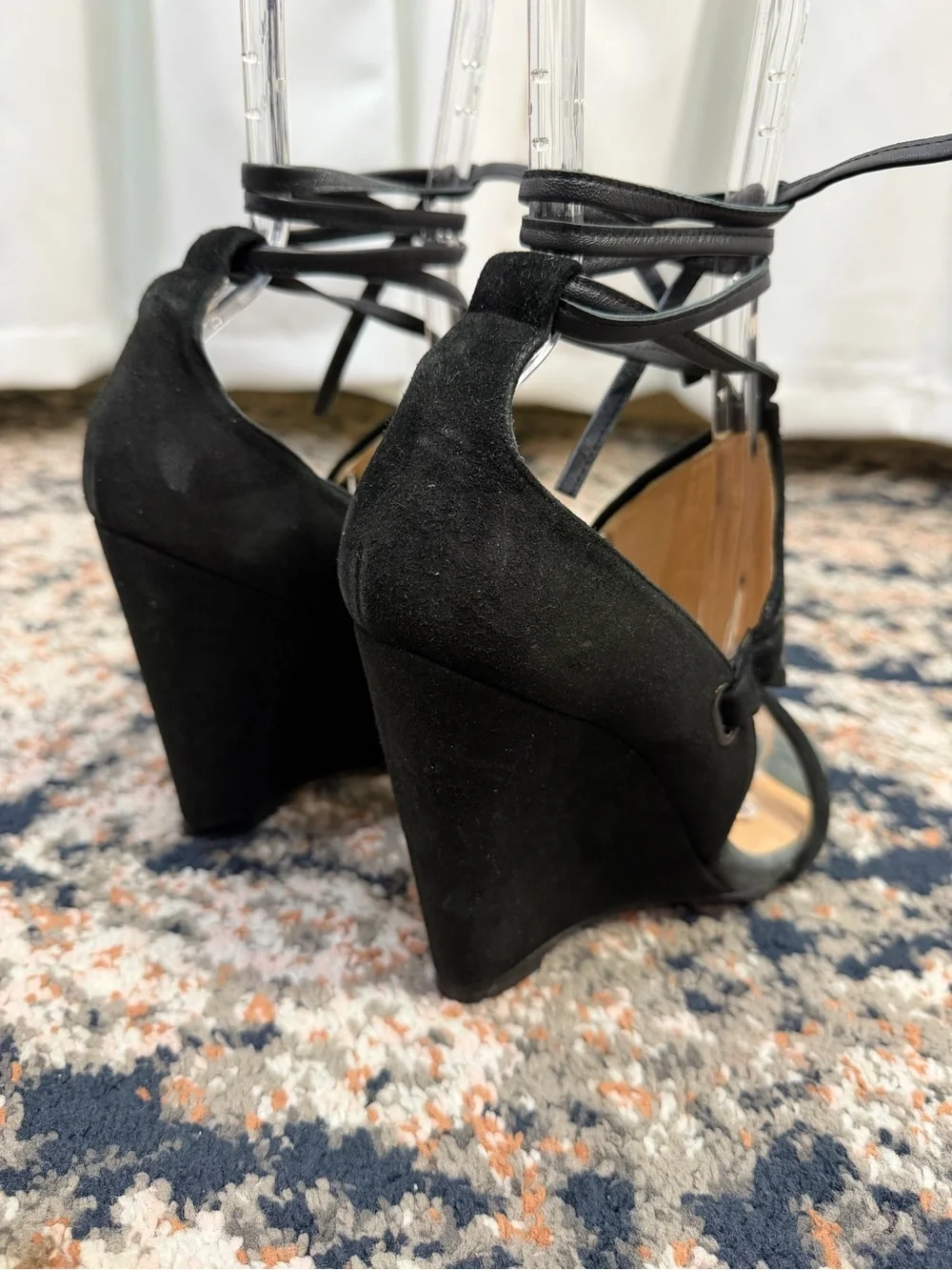 Hoss Intropia Black Suede Leather Lace-Up Wedge Sandals Heels Size 8